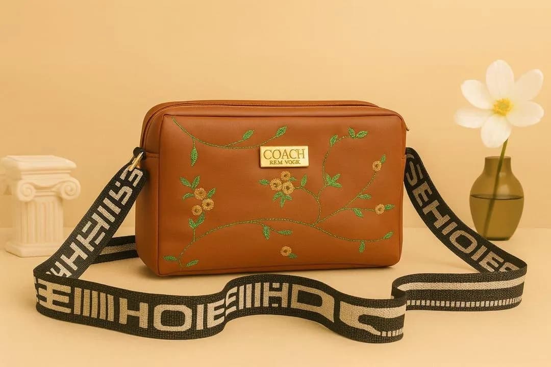 Mustard Embroidered PU Crossbody Bag for Girls 6x8x6"