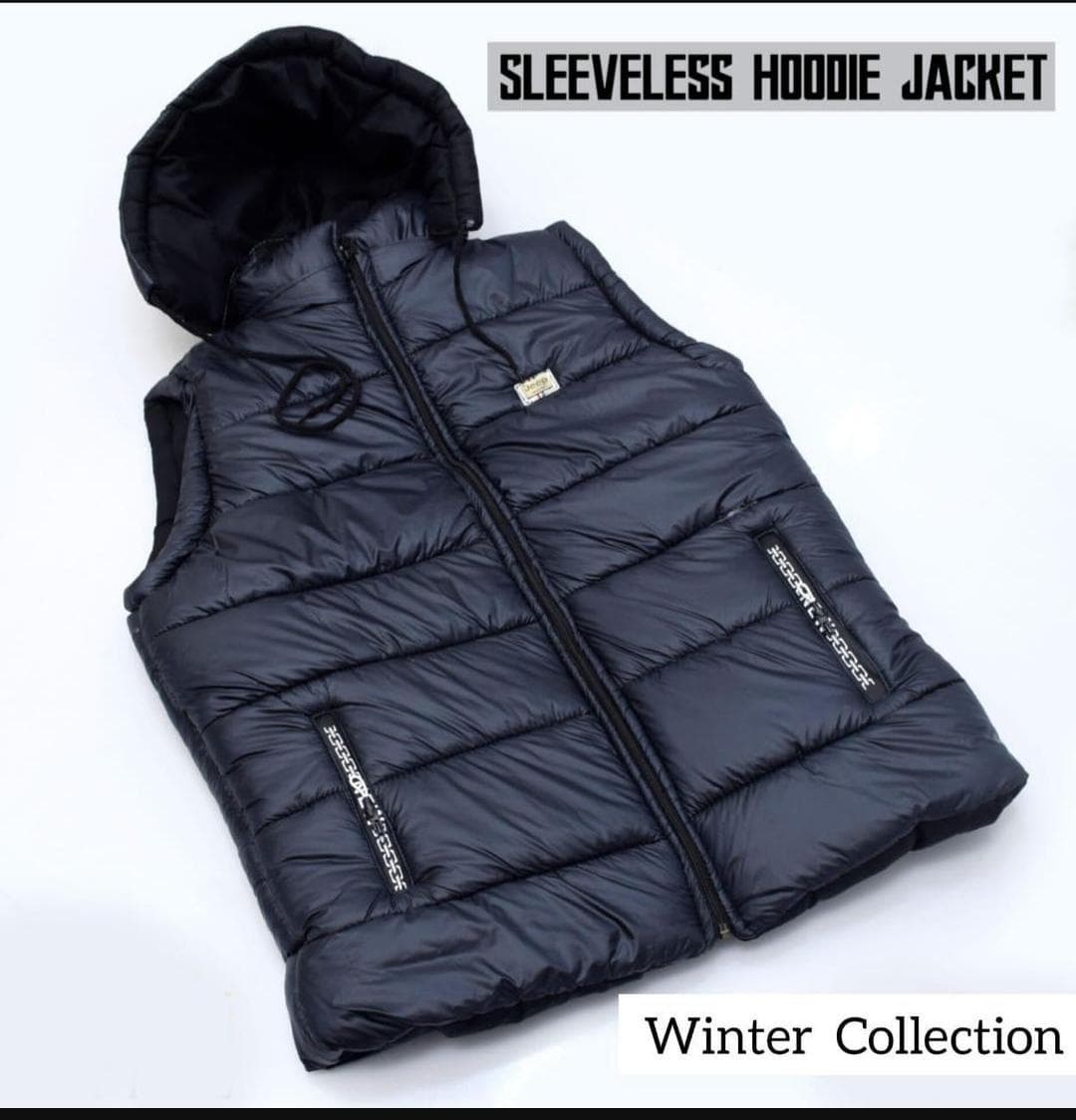 Men Black Sleeveless Hooded Jacket Winter Parachute Fabric