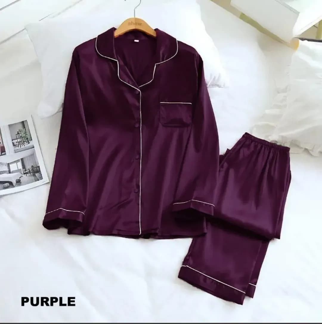 Purple Silk 3PC Night Suit with Piping Work