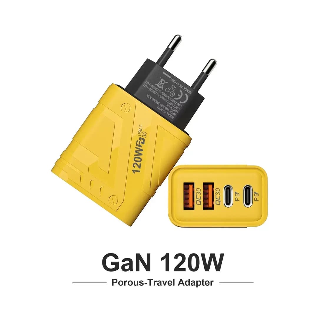 120W Fast Charging Yellow Travel Adapter with 4 USB Ports