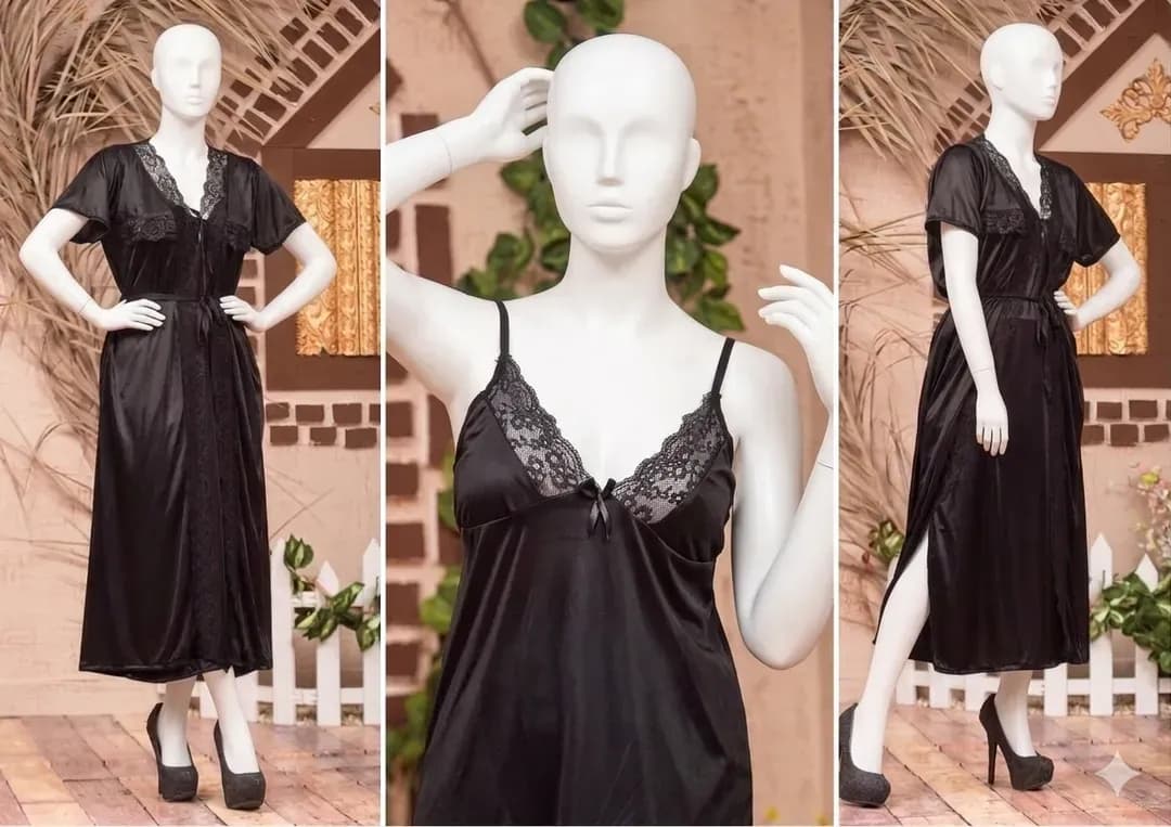 Black Silk Lace Night Suit 3 Pcs Women