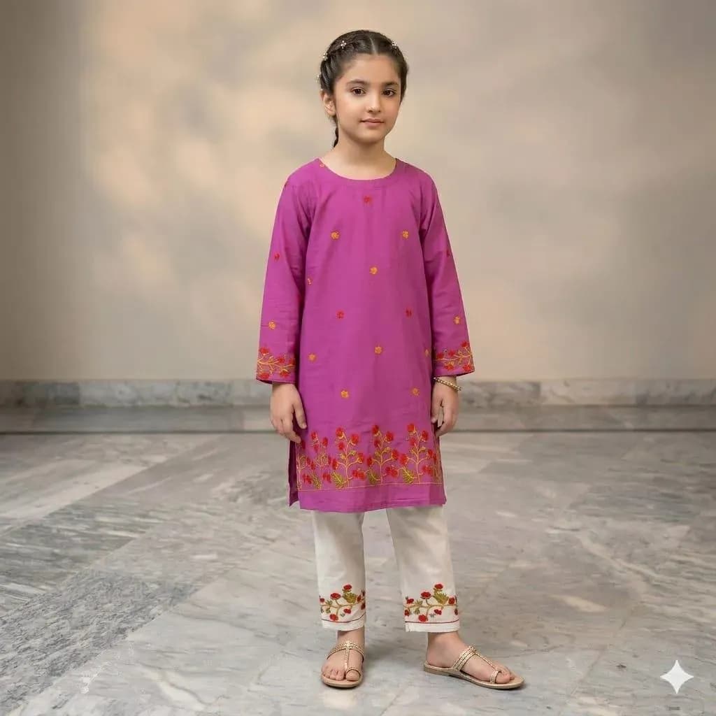 2 Pcs Girl's Arabic Lawn Embroidered Kurta And Pajama