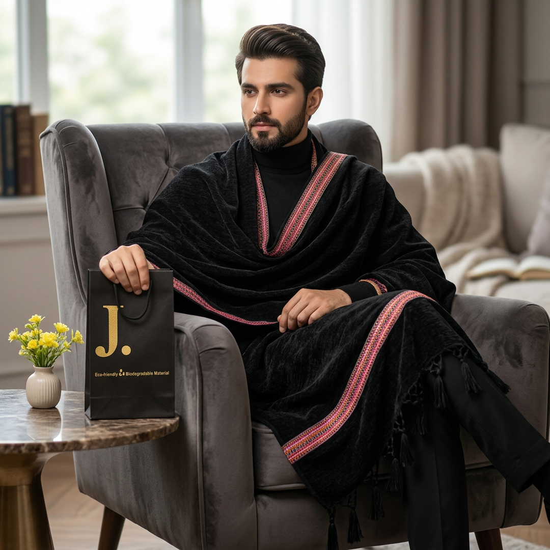 Premium Velvet Shawl Black Embroidered Border
