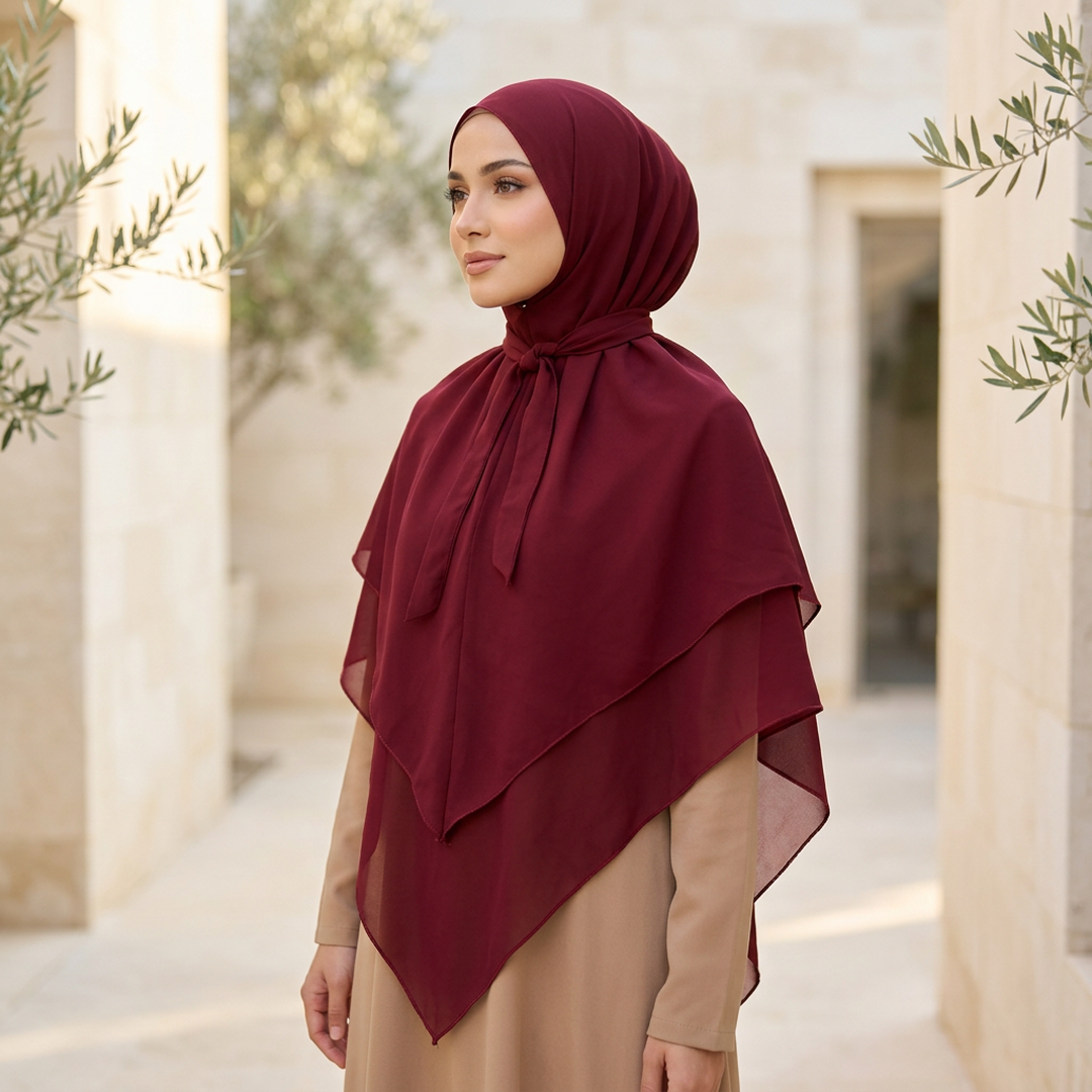 Luxurious Maroon Chiffon Hijab Set - 2 Pcs with Sleeves & Buttons