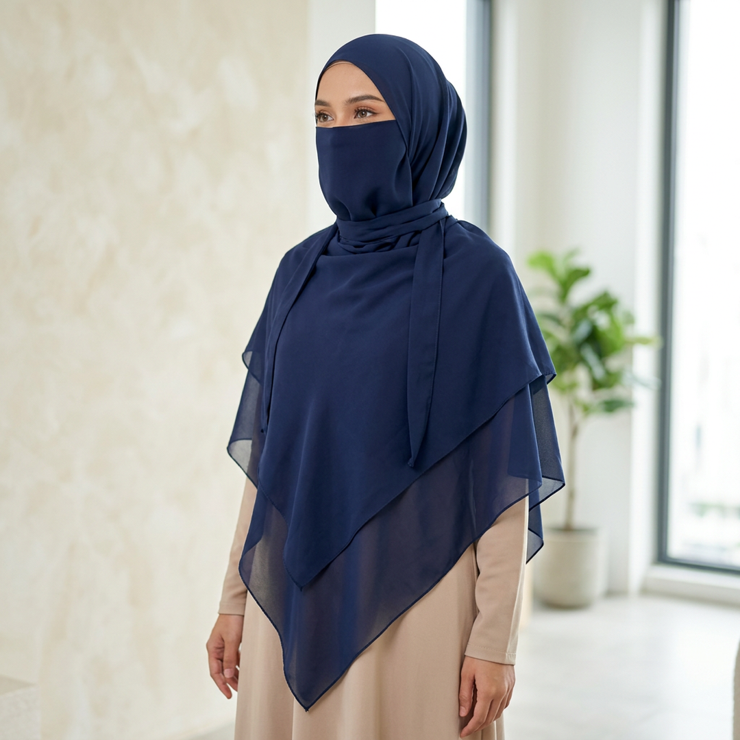 Stylish Blue Chiffon Hijab Set - 2 Pcs with Sleeves & Buttons