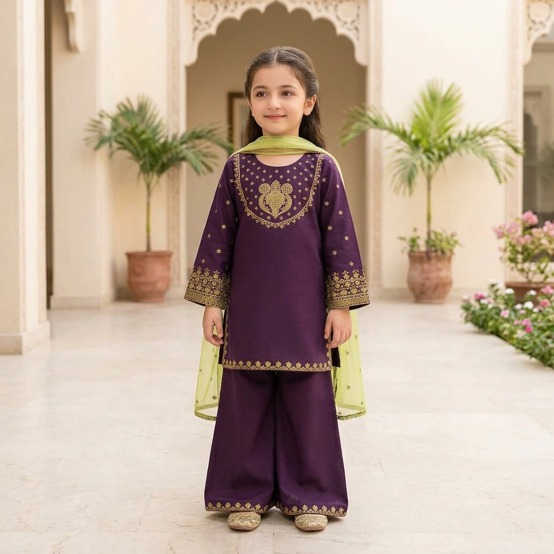 Purple Embroidered Lawn 3Pcs Set for Girls 3-4Yrs