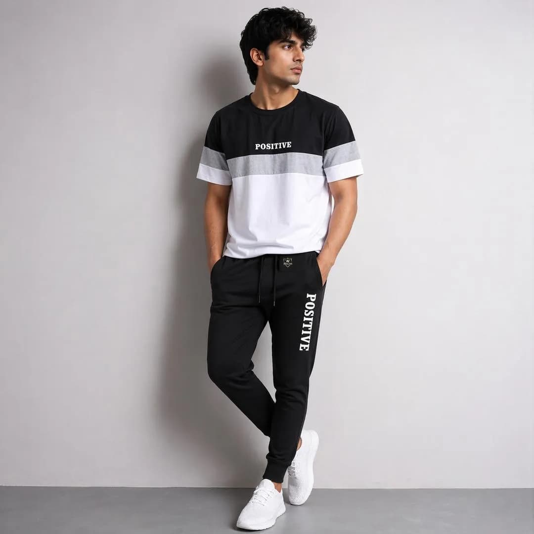 Men "Positive" Printed Tracksuit Black White Slim Fit