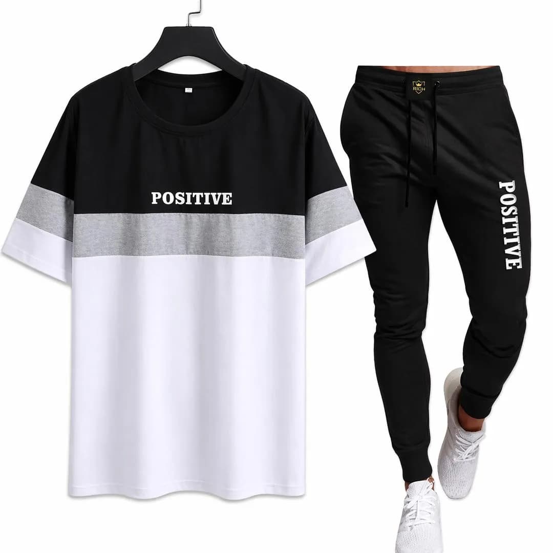 Men "Positive" Printed Tracksuit Black White Slim Fit