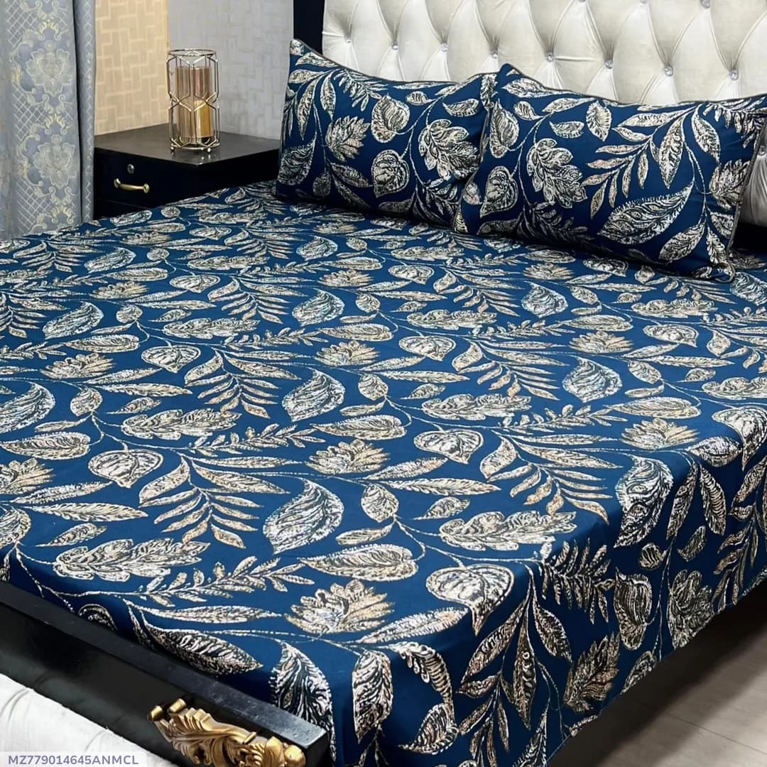 3 Pcs Crystal Cotton Printed Double Bedsheet