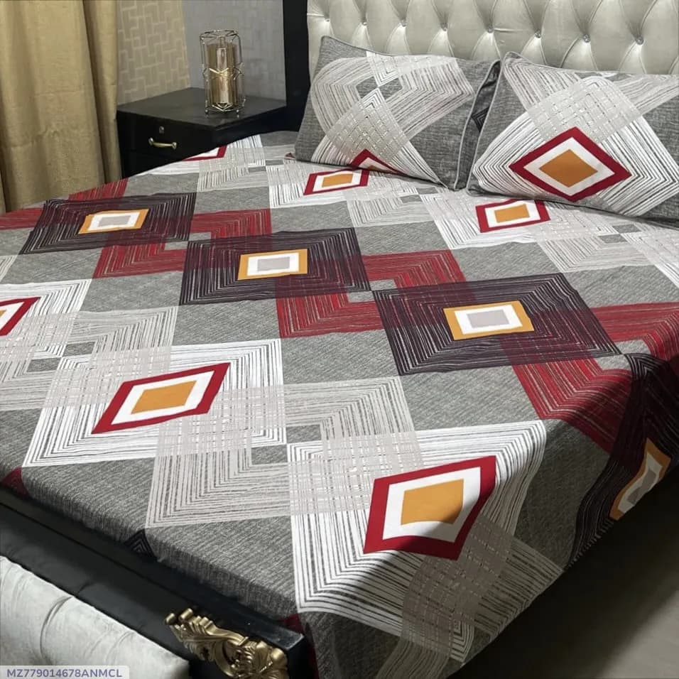 3 Pcs Crystal Cotton Printed Double Bedsheet