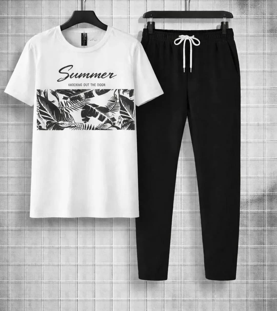 Men Summer Graphic Cotton Track Suit White Black