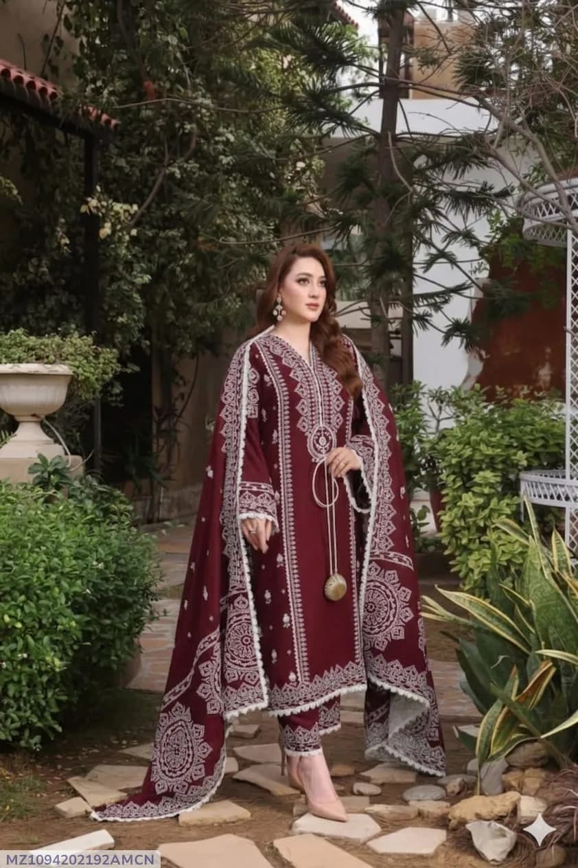 Maroon Embroidered Lawn 3Pcs Set for Women