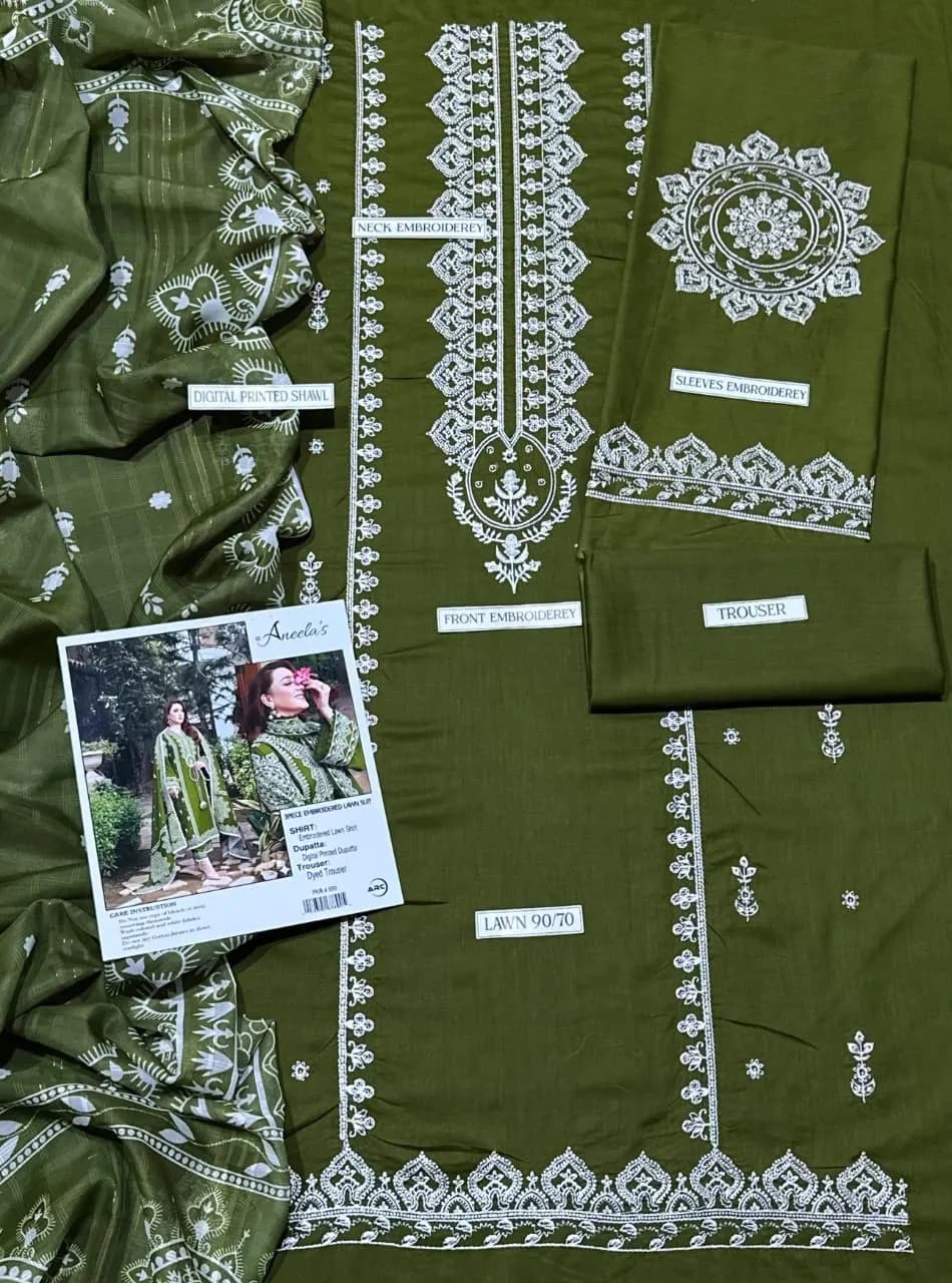 Green Embroidered Lawn 3Pcs Women Suit Set