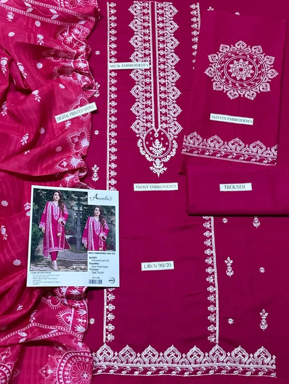 Pink Embroidered Lawn 3Pcs Set for Women