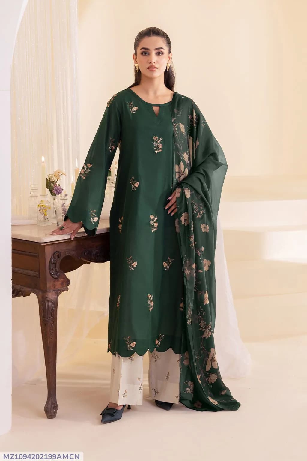 Green Embroidered Lawn 3Pcs Set for Women