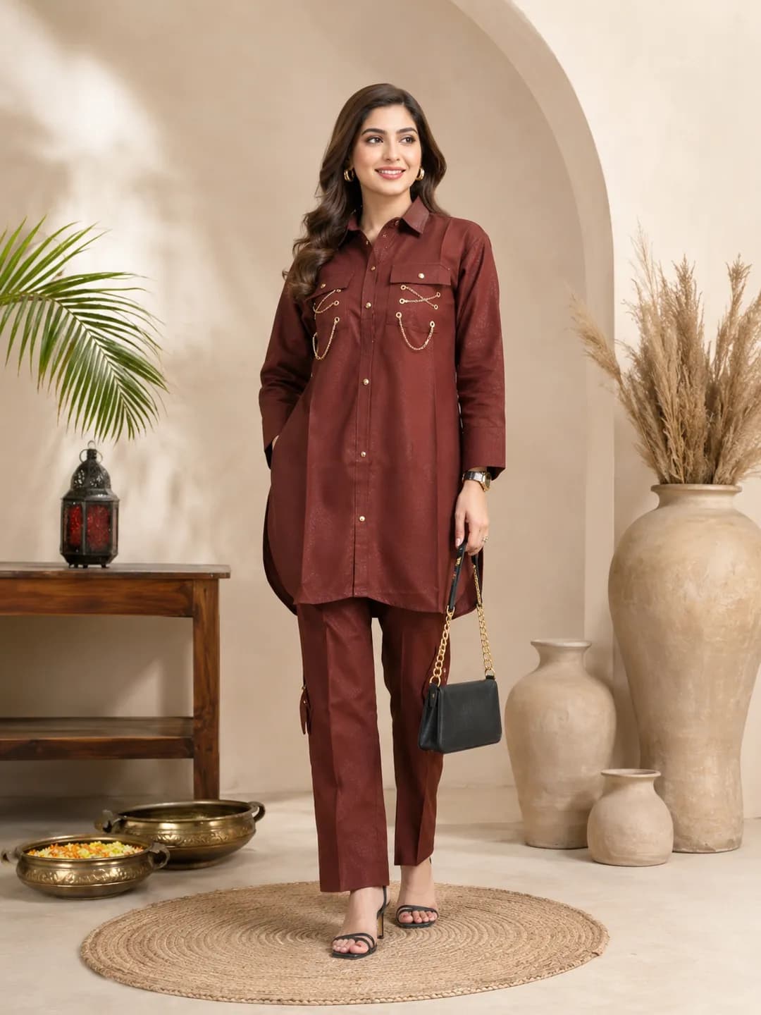Women Cotton Lawn 2-Piece Suit Brown Ban Collar