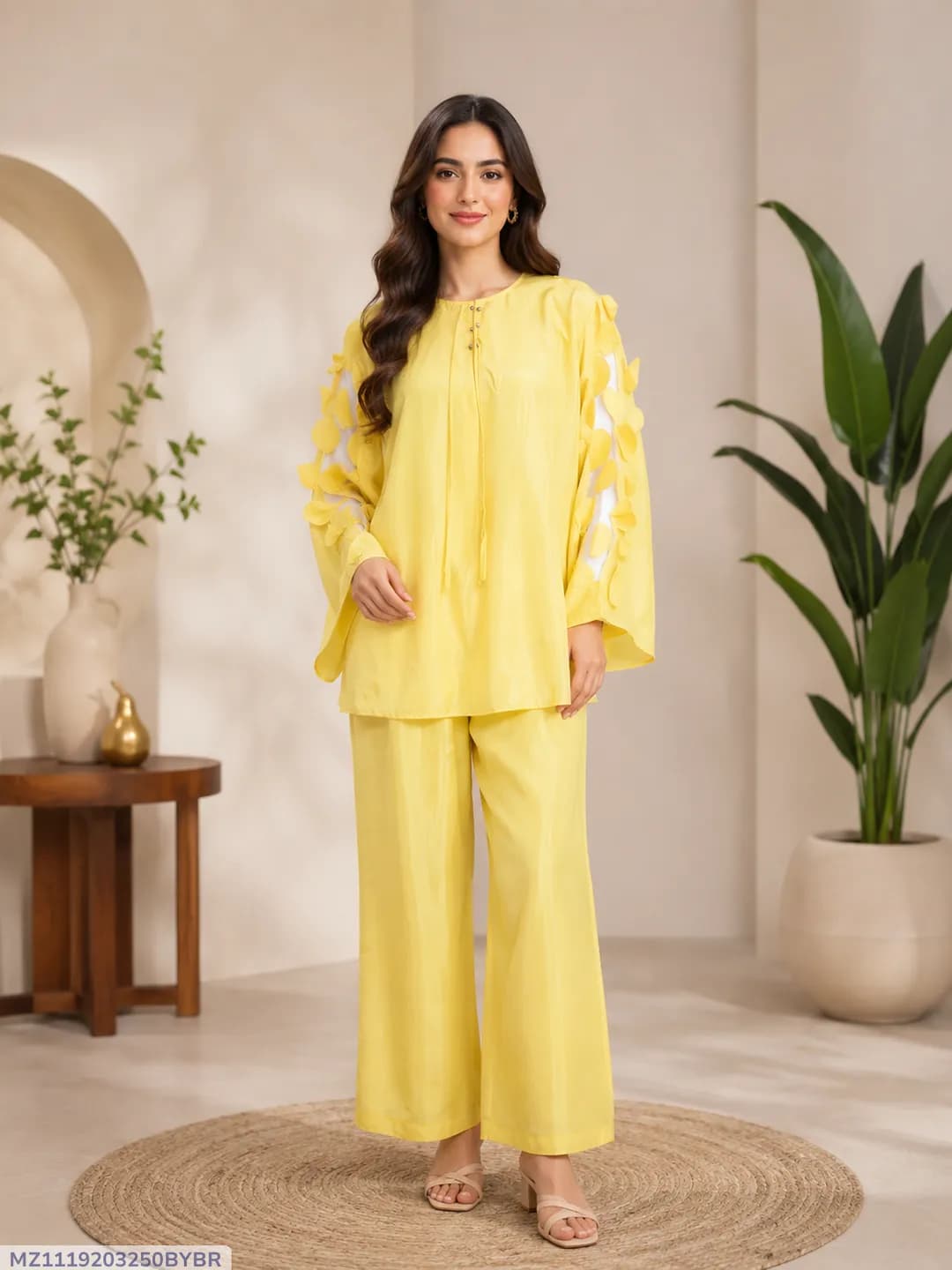 Women Raw Silk Hand Work Suit Yellow 2 Pcs