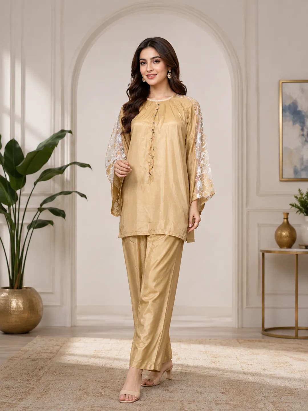 Golden Raw Silk 2-Piece Party Suit for Women
Fabric: Raw Silk, Hand Work Pattern
Shirt Length: 34 Inches, Chest: 21 Inches
Trouser Length: 37 Inches, Waist: 34 Inches
Color: Golden
Perfect for parties, weddings, or daily wear in Pakistan
Premium Quality with Stylish Hand Work Design
New Arrival, Best Price in Pakistan
Durable Raw Silk Fabric for Long-Lasting Wear
Ideal for Pakistani weather and festive occasions
Easy to care for and maintain
Standard Size fits most body types
Comes with 1 Shirt + 1 Trouser in one package