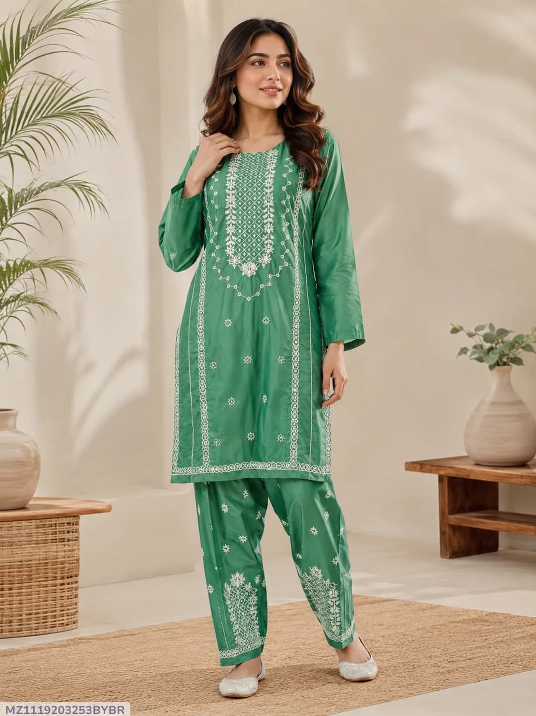 Women Cotton Embroidered 2-Piece Suit Green Multicolor