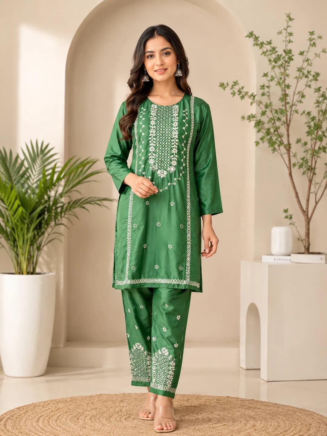 Women Cotton Embroidered 2-Piece Suit Green Multicolor