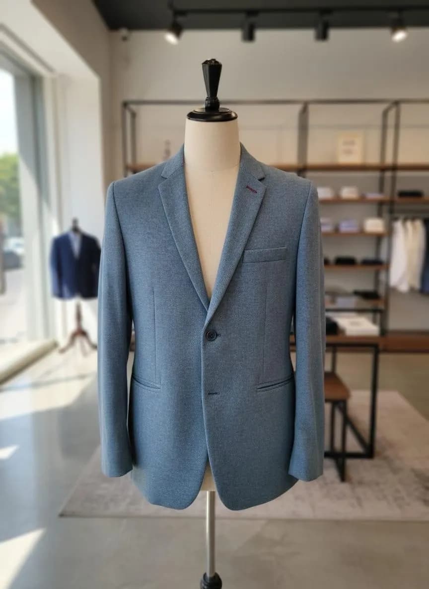 Men's Blue Suit Jacket with V-Neck and Button Front