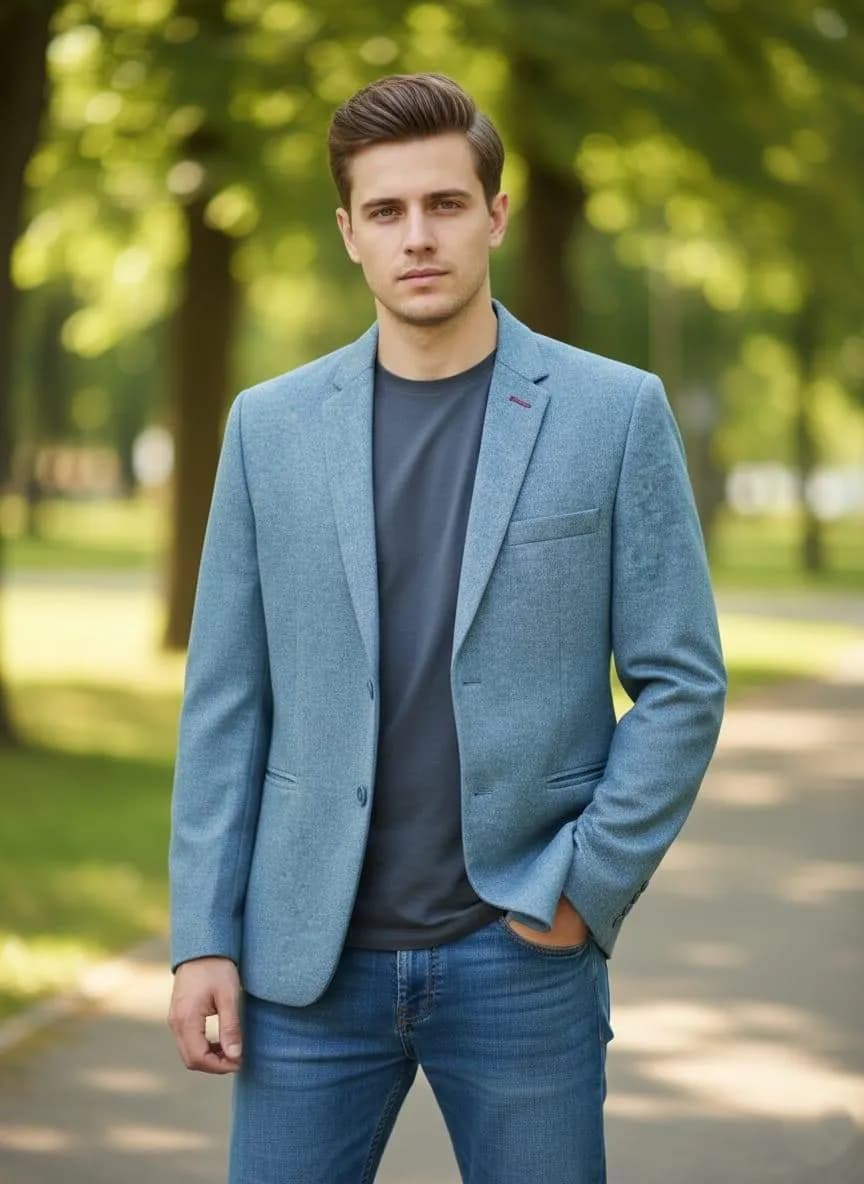 Men's Blue Suit Jacket with V-Neck and Button Front