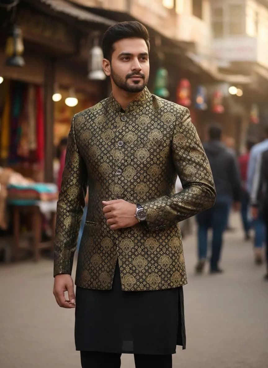 Men's Embroidered Kurta Brown Patterned Traditional Pakistani