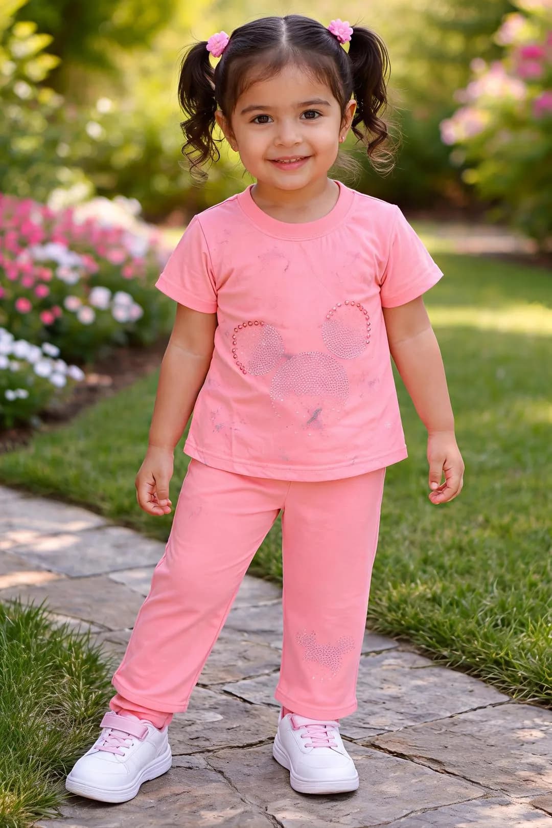 Girls Pink Printed Cotton Jersey 2Pcs Set