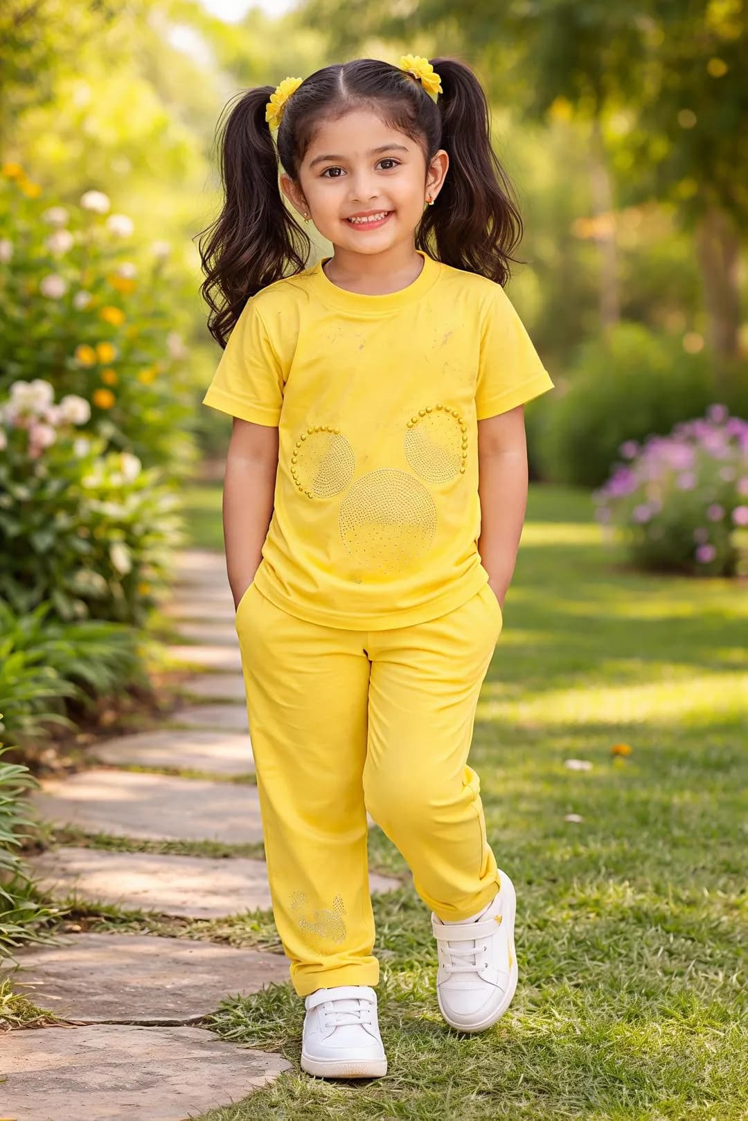 Yellow Kids T-Shirt & Trouser Set for Girls
