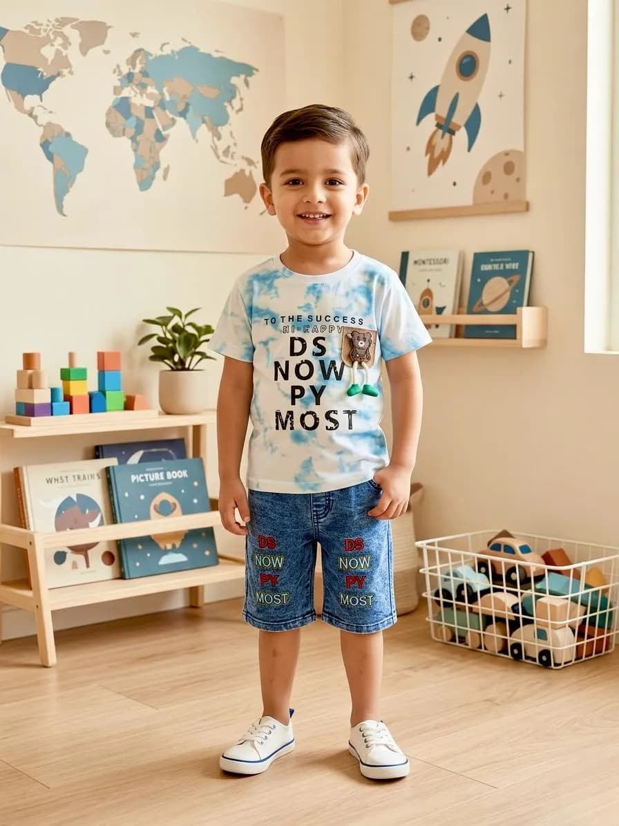 Boy's Printed Cotton Jersey Shirt & Shorts Set Multicolor
