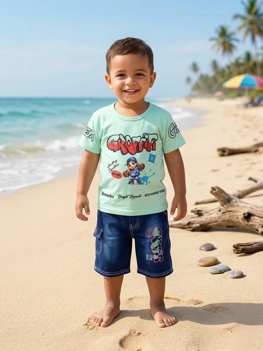 Boy's Printed Cotton Jersey Shirt & Shorts Set Multicolor