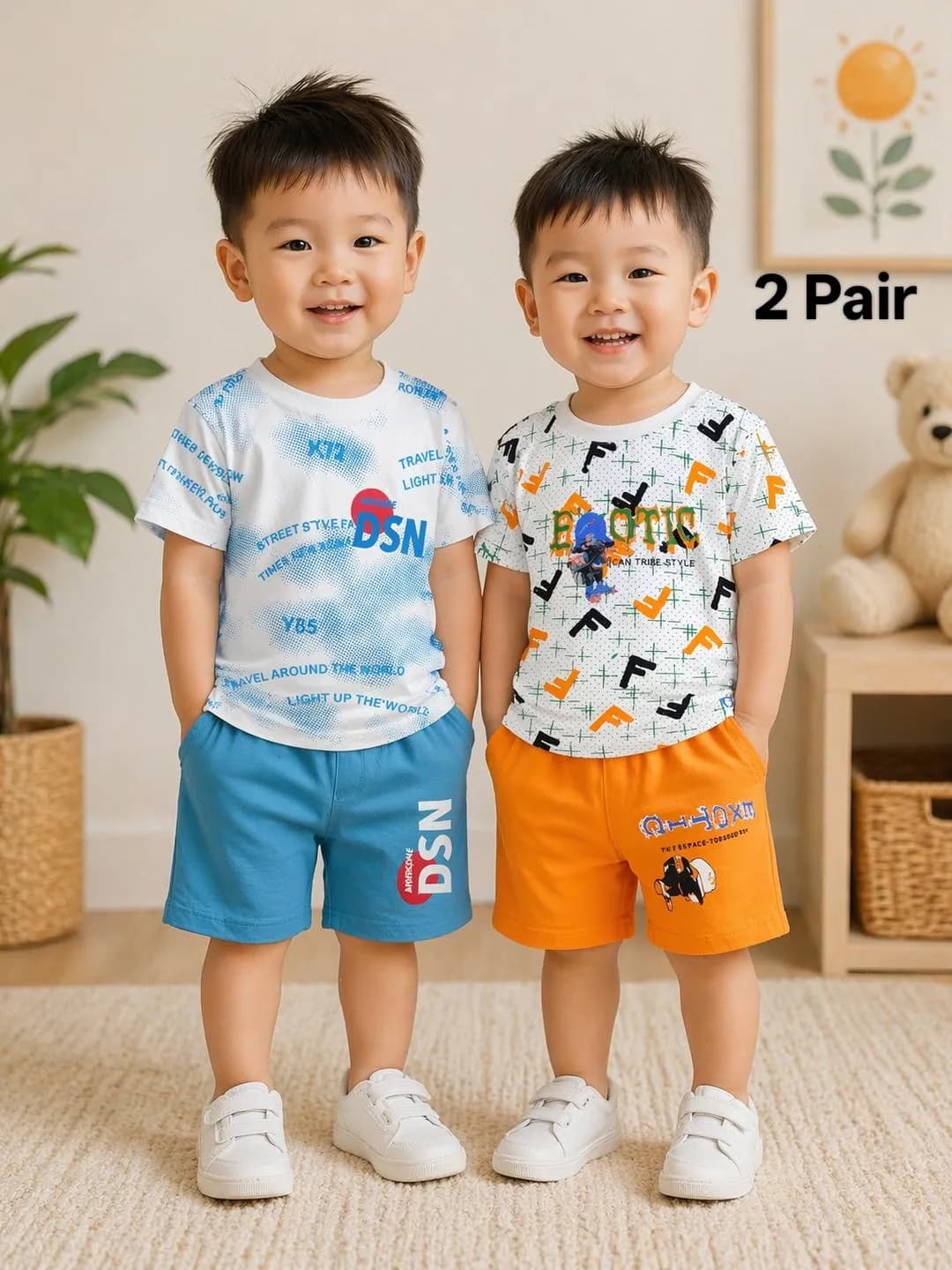 Kids Cotton Shorts Set 2 Pairs Blue Orange