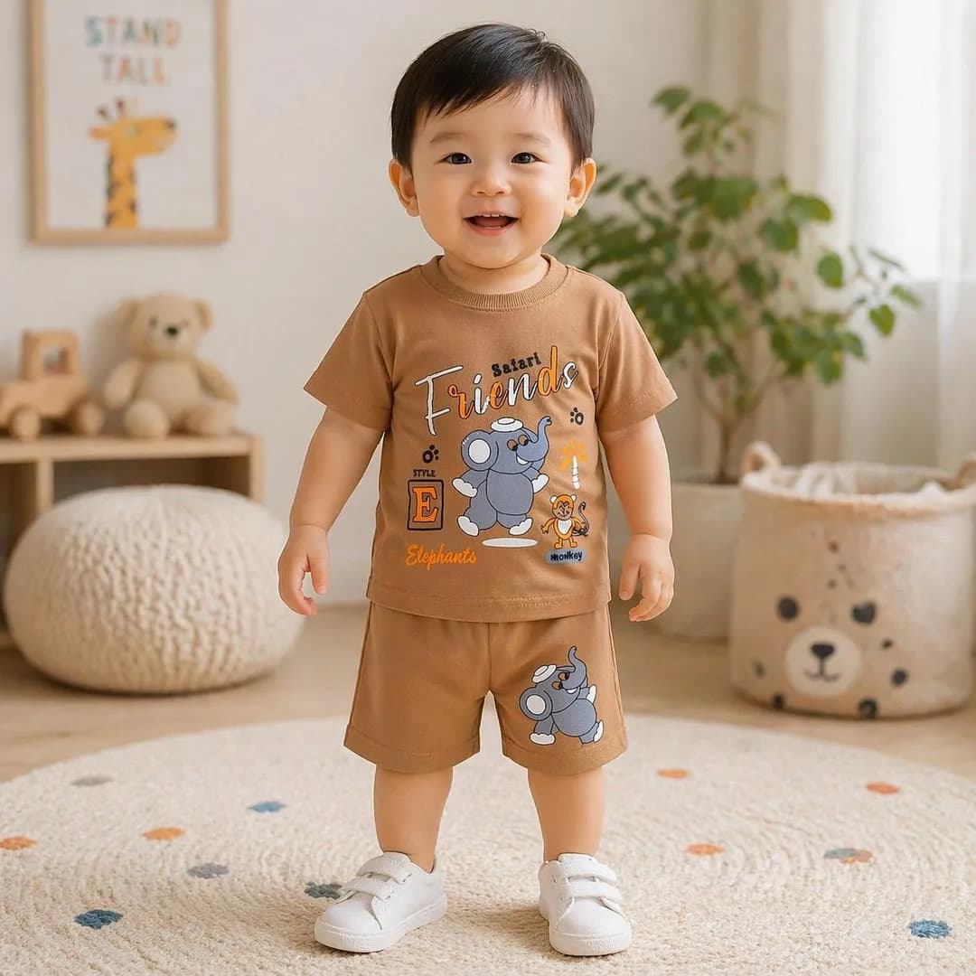 Boy Printed Cotton Shorts Set Brown 1-5Yrs