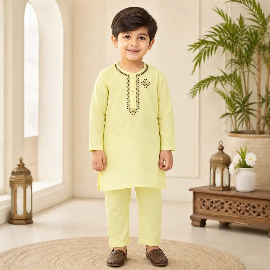Boy's Yellow Embroidered Kurta Shalwar Set 6-12M