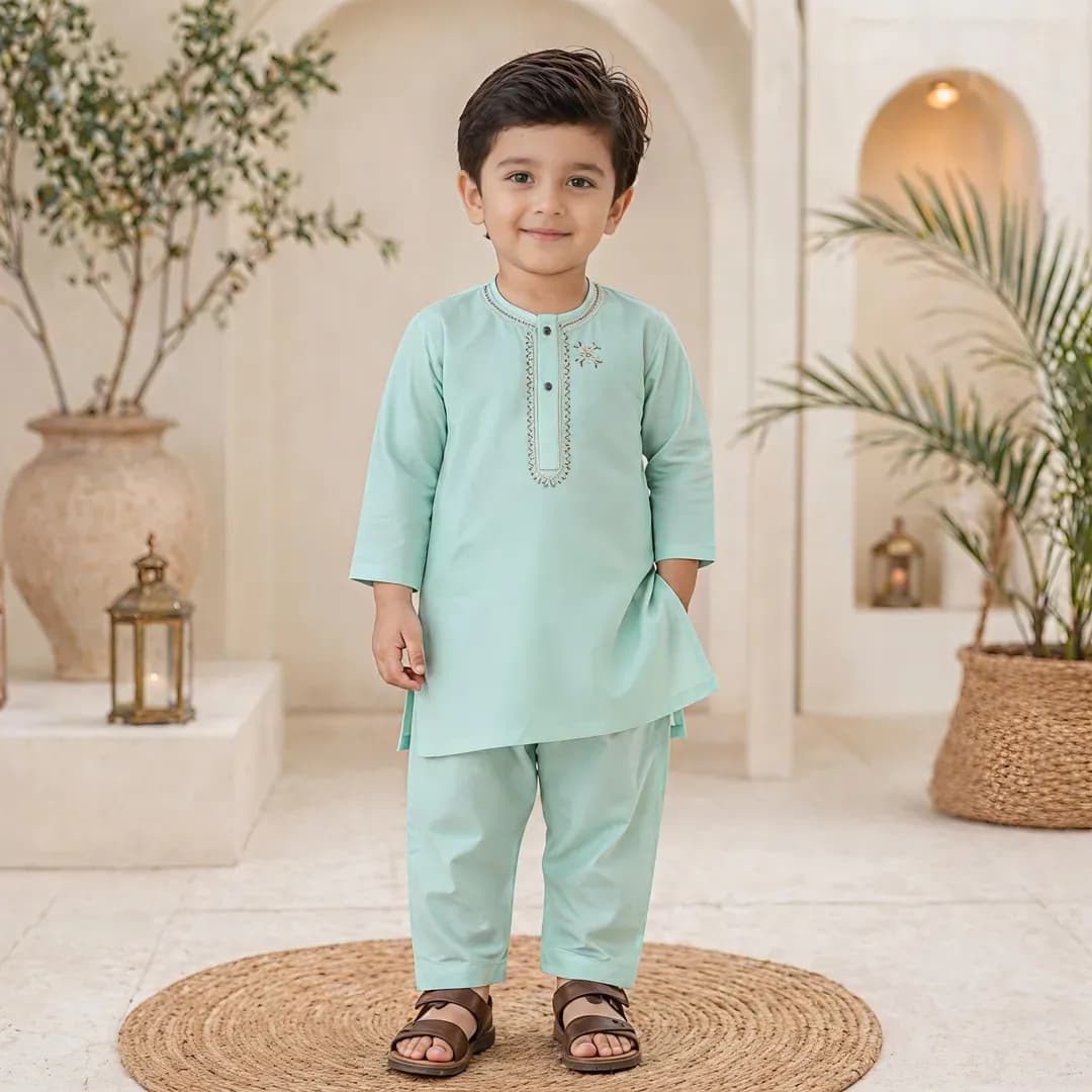 Boy's Cotton Embroidered Kurta Shalwar Set Mint Green 6-12M