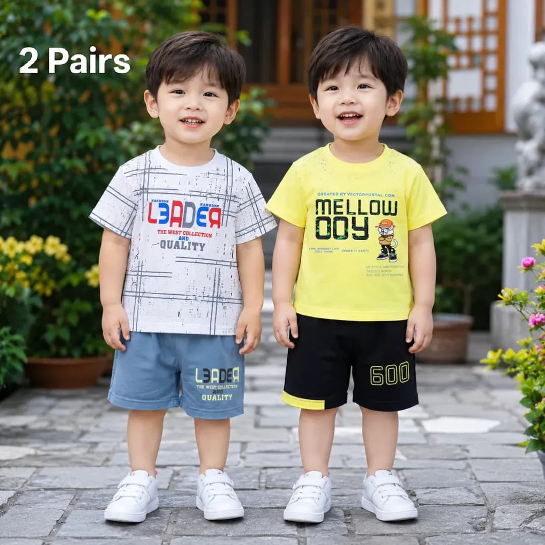 2 Pairs Kids Boys T-Shirt Shorts Set Cotton Summer