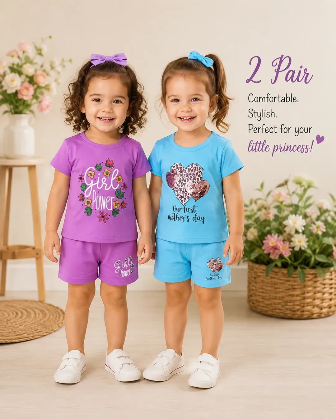 2 Pair Printed Girl's Cotton Shorts & Shirt Set Multicolor