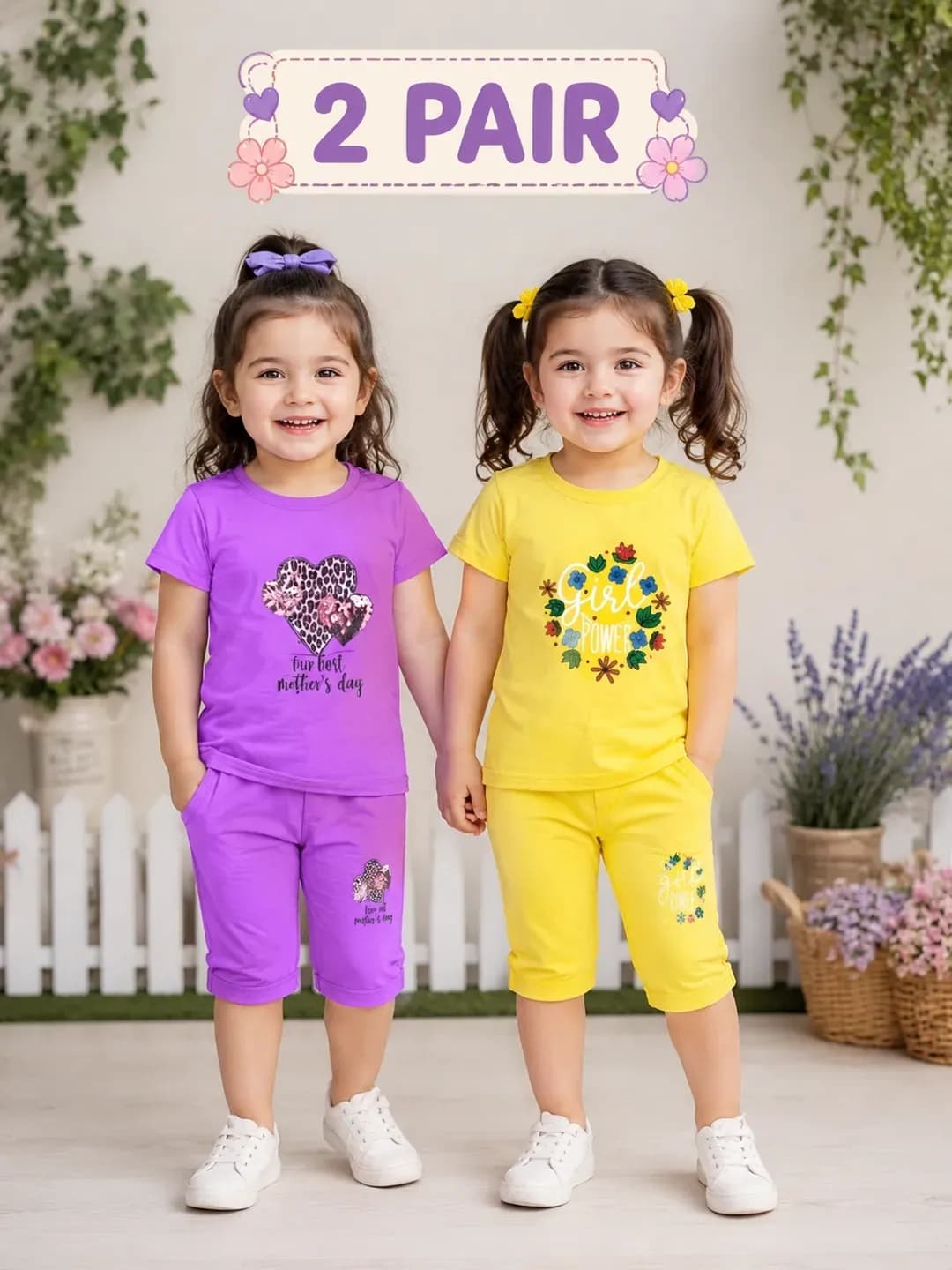 2 Pair Printed Girl's Cotton Shorts & Shirt Set Multicolor