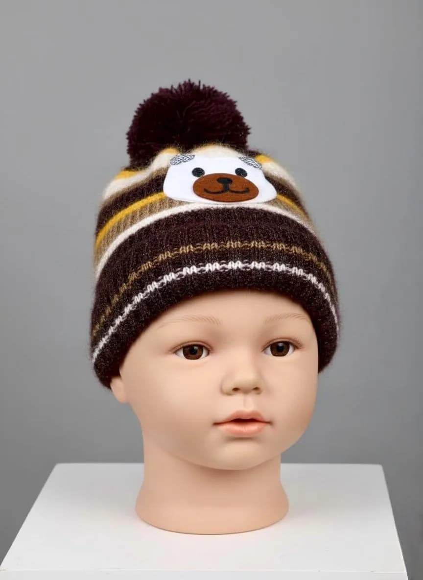 Brown Wool Bear Face Cap for Kids 2-10