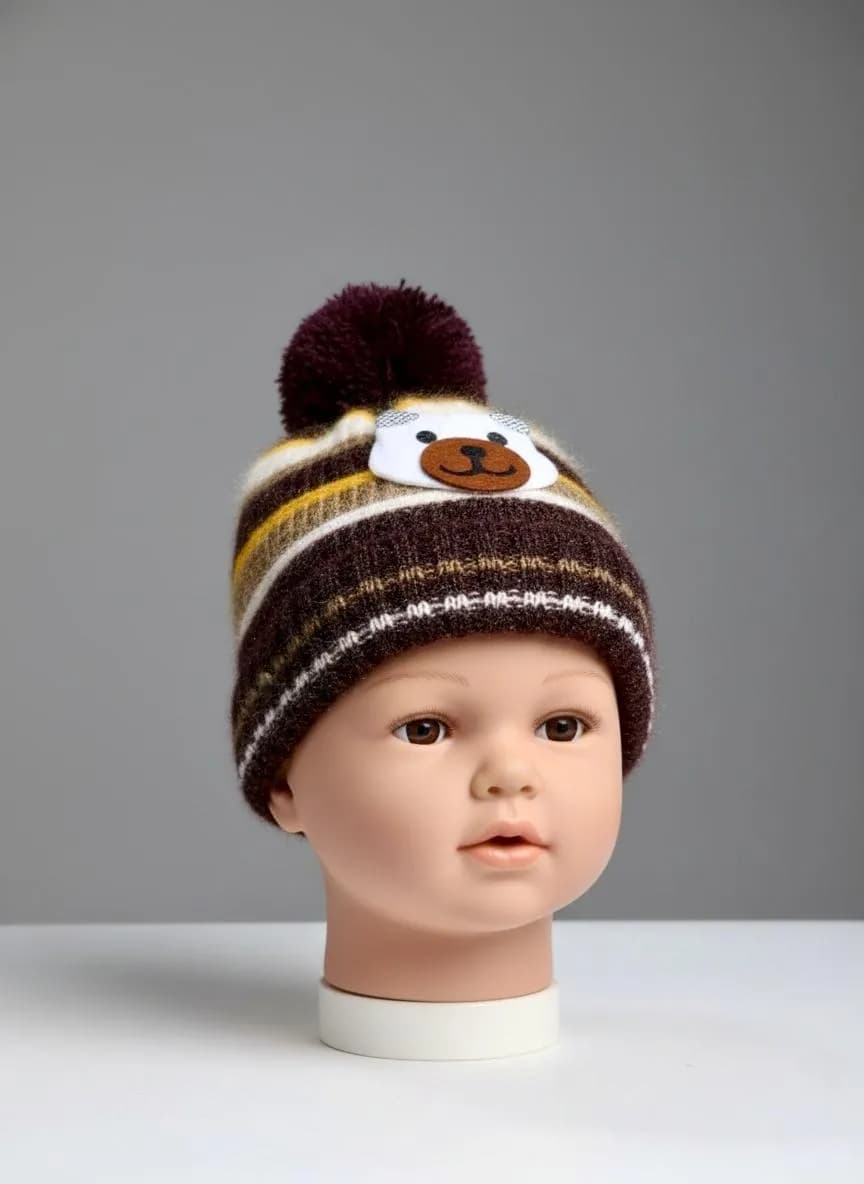 Brown Wool Bear Face Cap for Kids 2-10