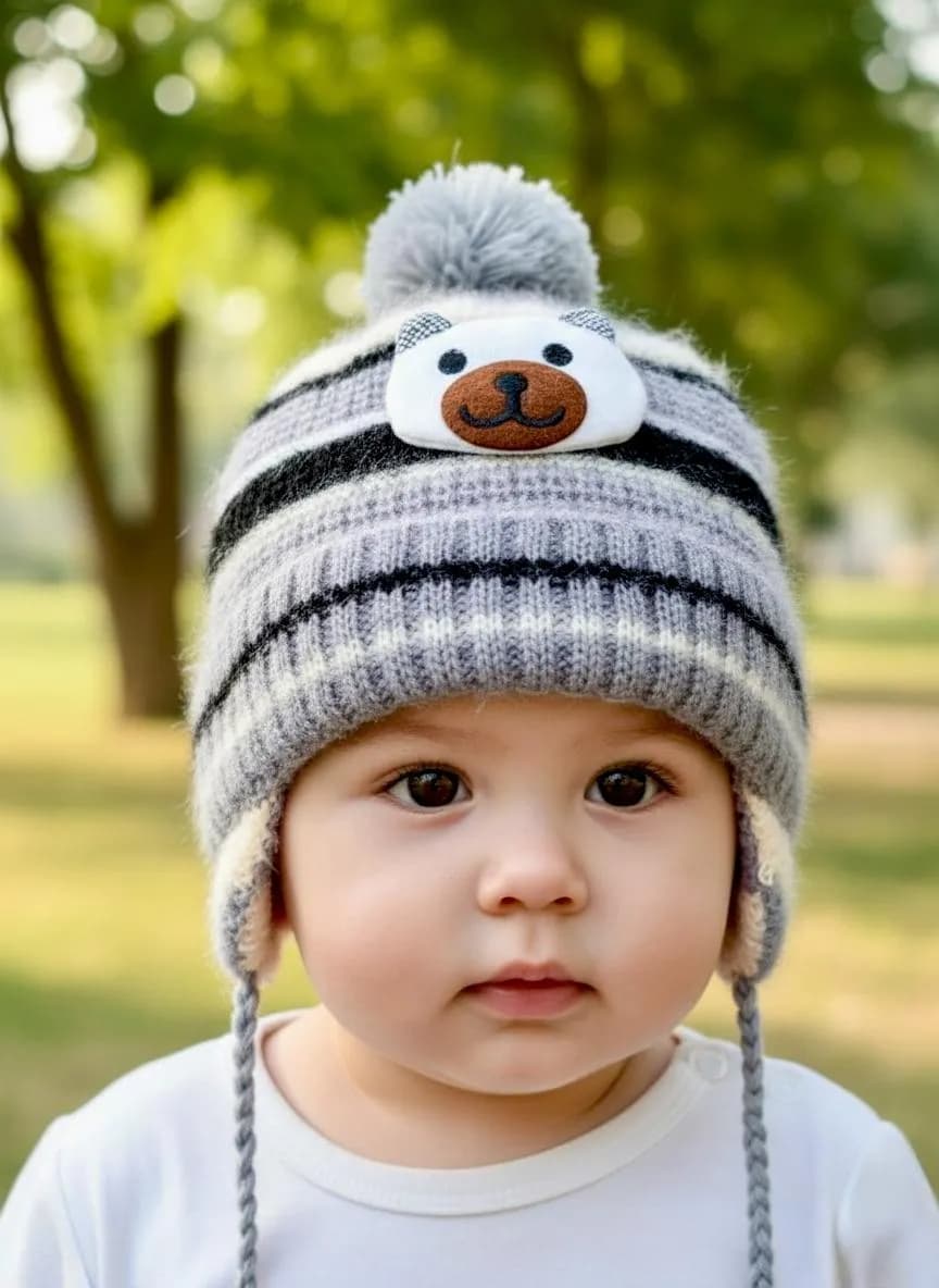 Grey Wool Bear Hat for Kids Free Size