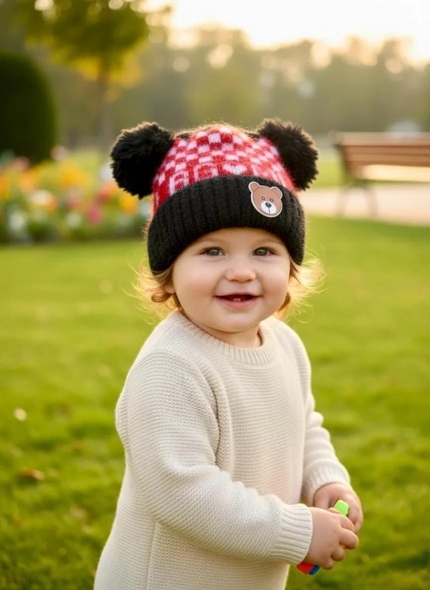 Black Wool Kids Cap with Bear Pom Pom