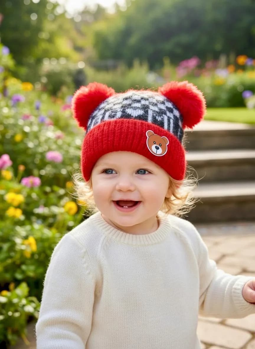 Kids Wool Bear Cap Red Pom Pom Warm