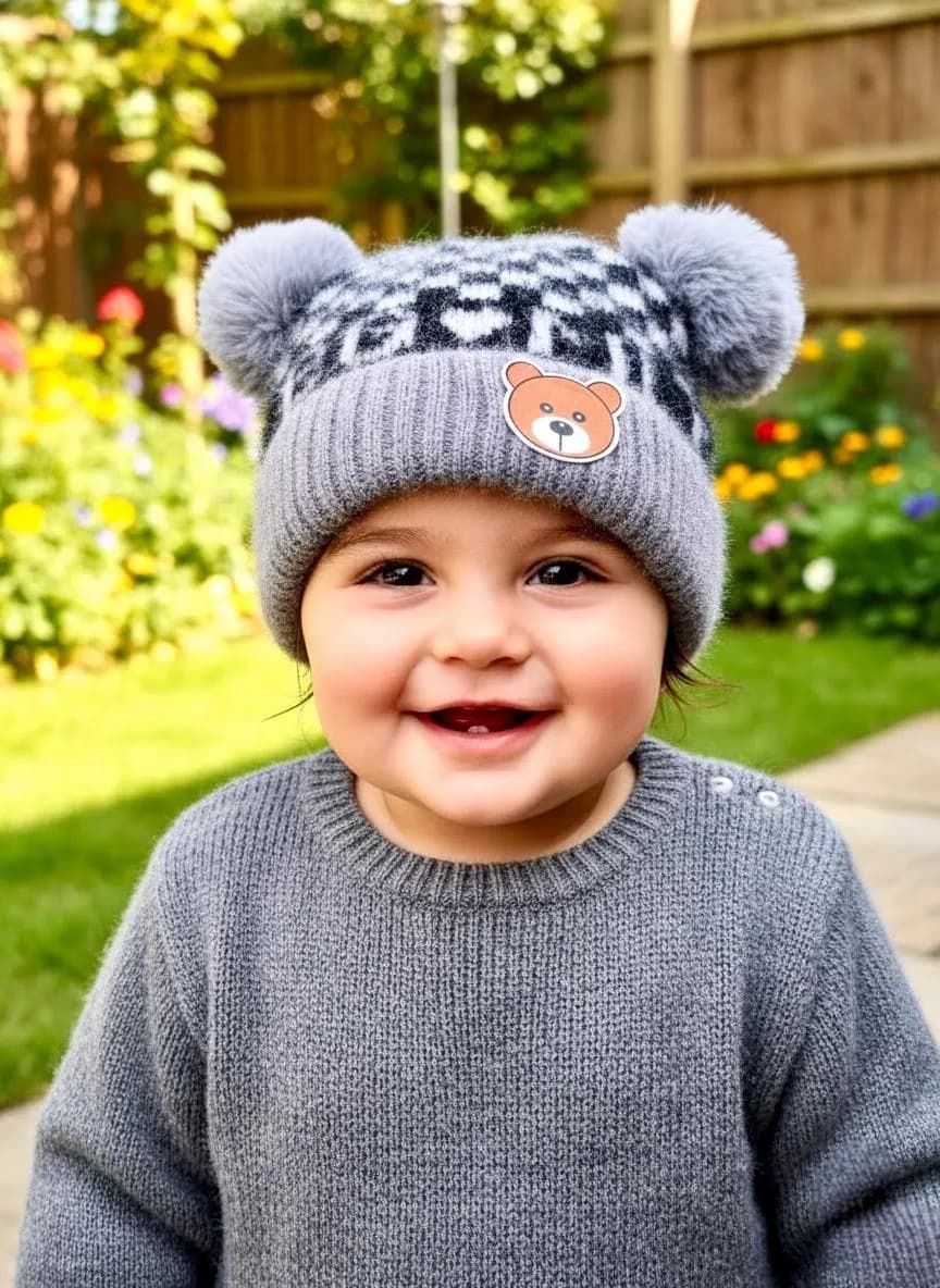 Wool Bear Cap Grey for Boys Girls Warm Winter