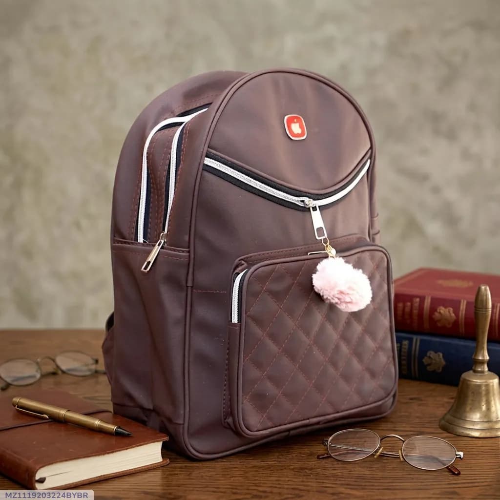 Brown Leather Girl's School Backpack with Pom Pom