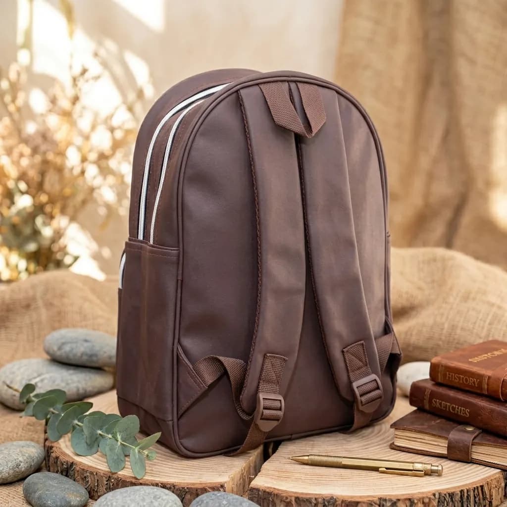 Brown Leather Girl's School Backpack with Pom Pom