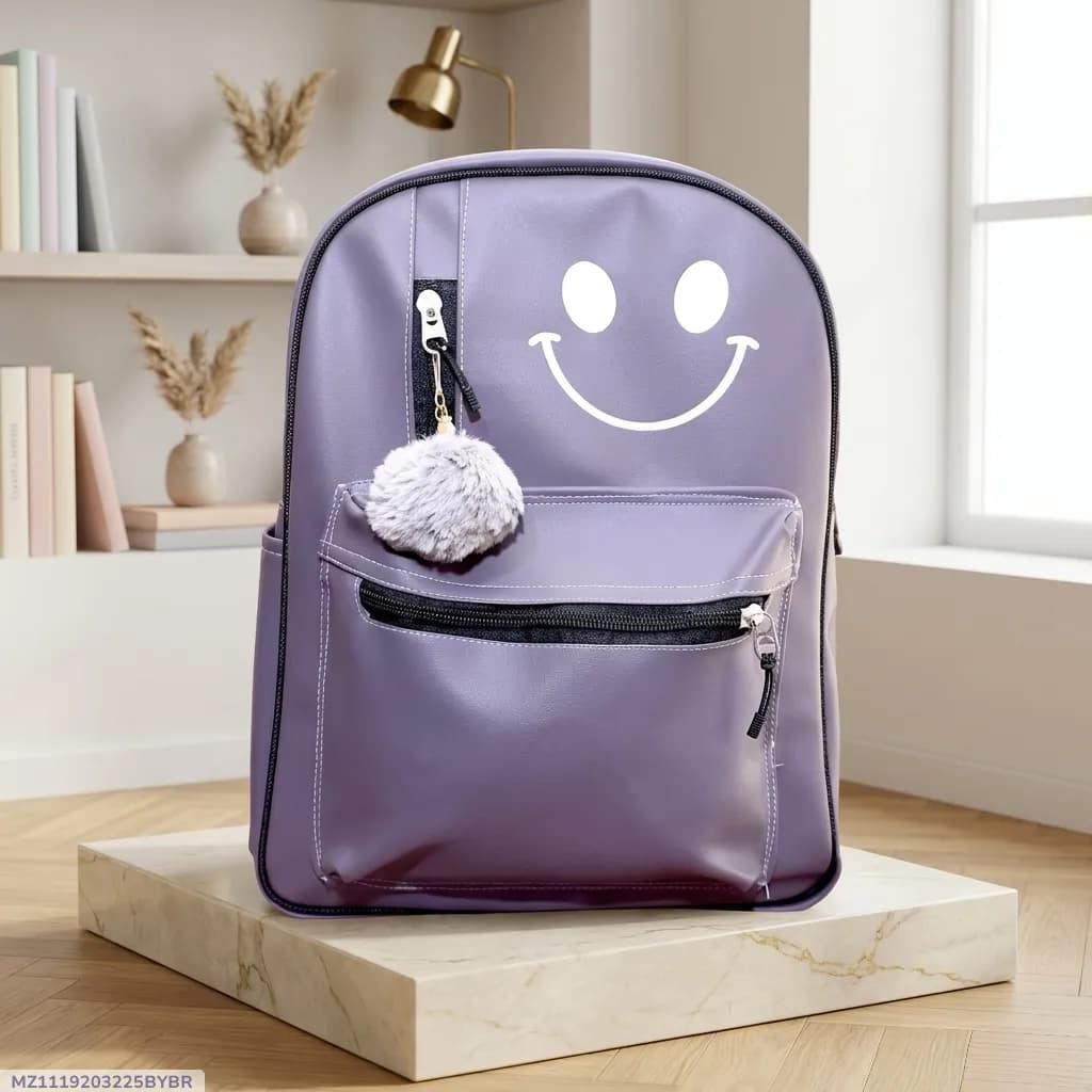 Purple Printed Leather Kids Backpack with Smile Design