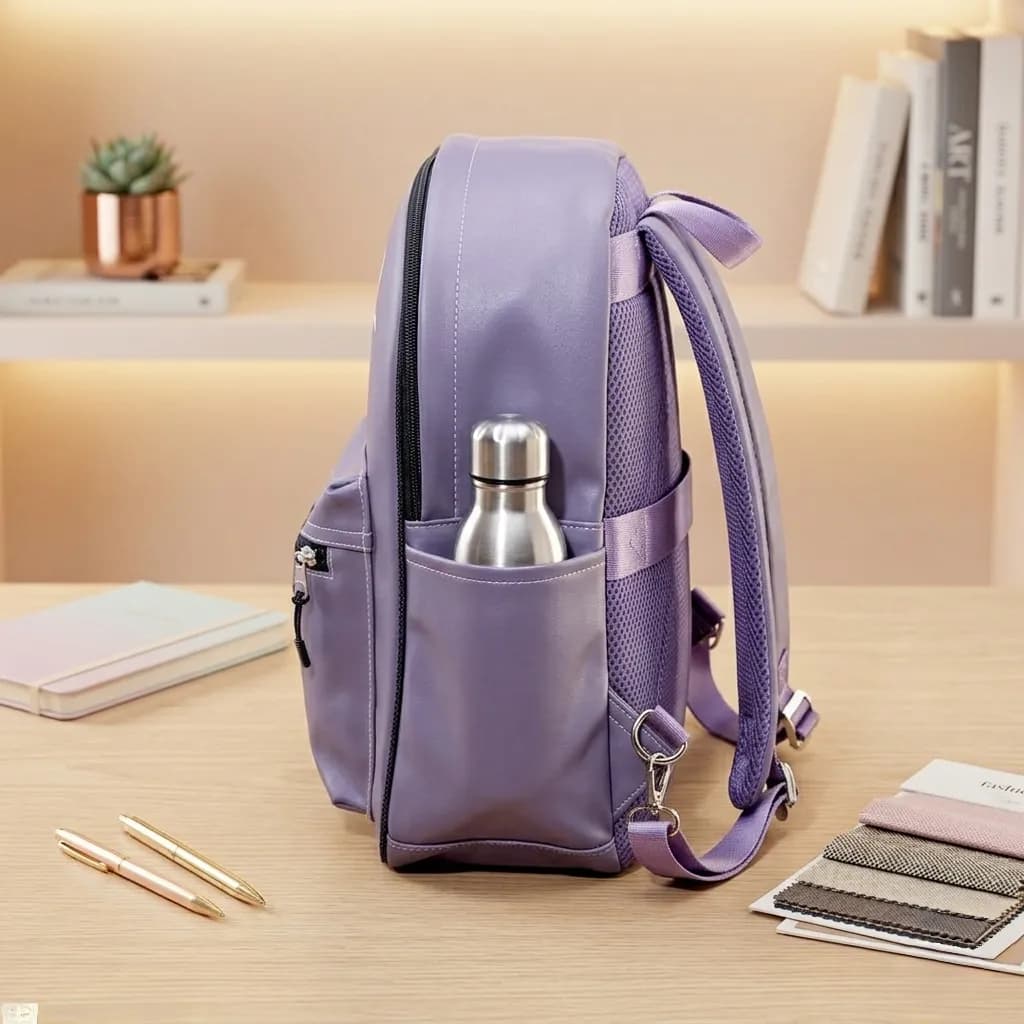 Purple Printed Leather Kids Backpack with Smile Design