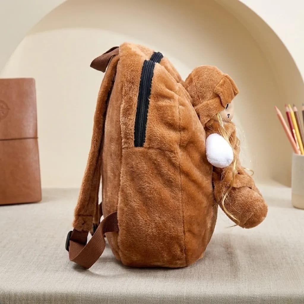 Brown Girl's Polyester School Backpack with Doll Design