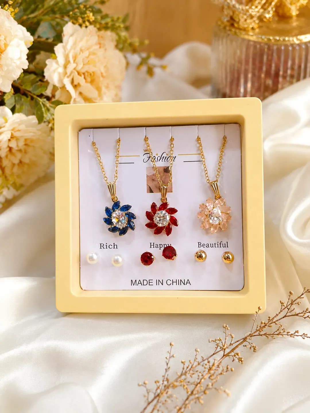 Women Funky Multicolor Crystal Pendant Set Gold Plated